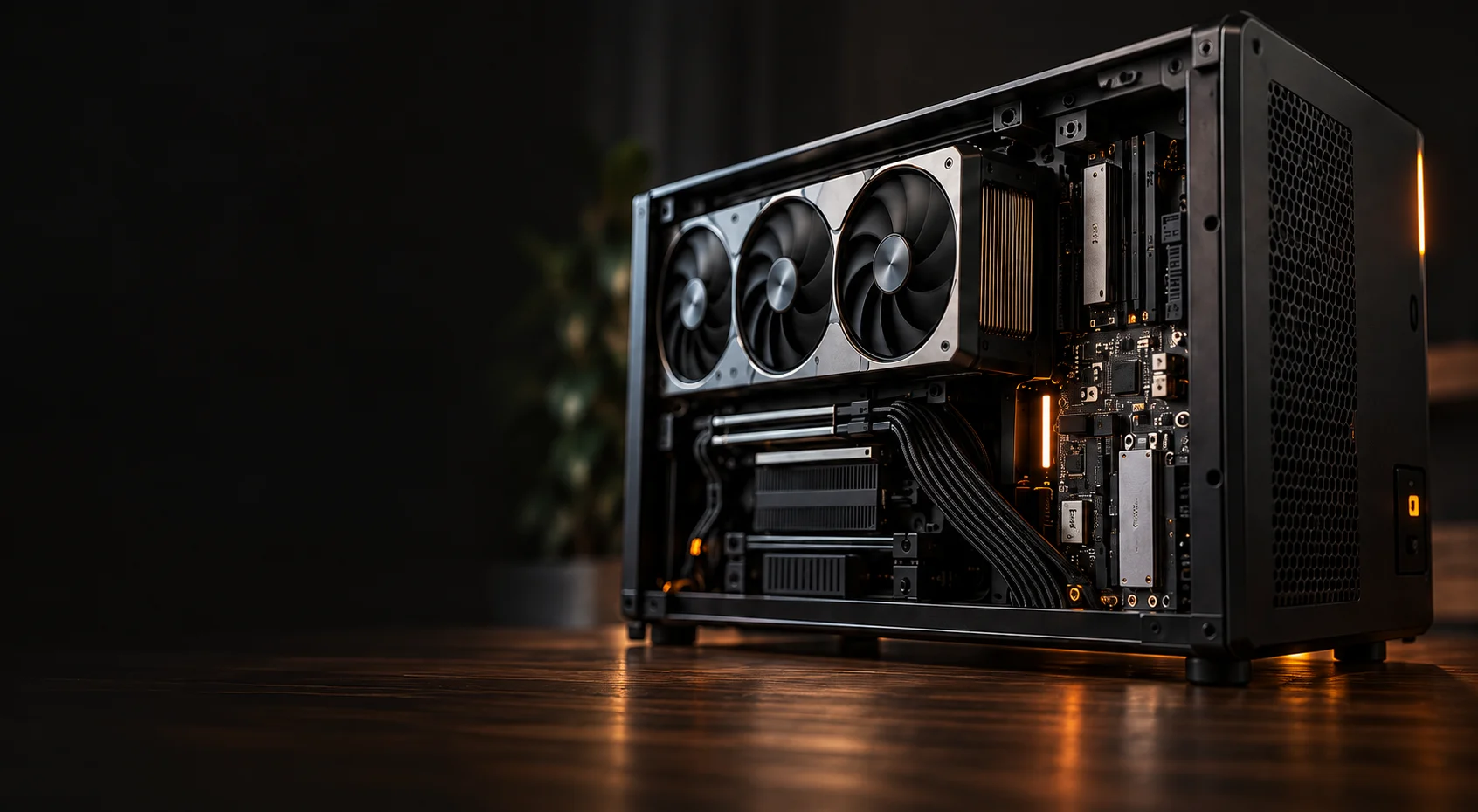 A black AI workstation with a large graphics card and warm amber lighting