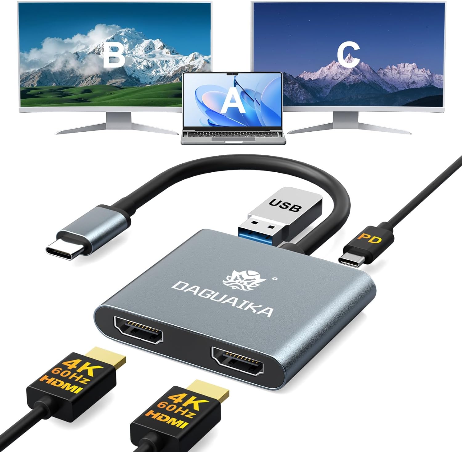 USB C to Dual HDMI Adapter 4K@60Hz, 4-in-1 HDMI Splitter ...